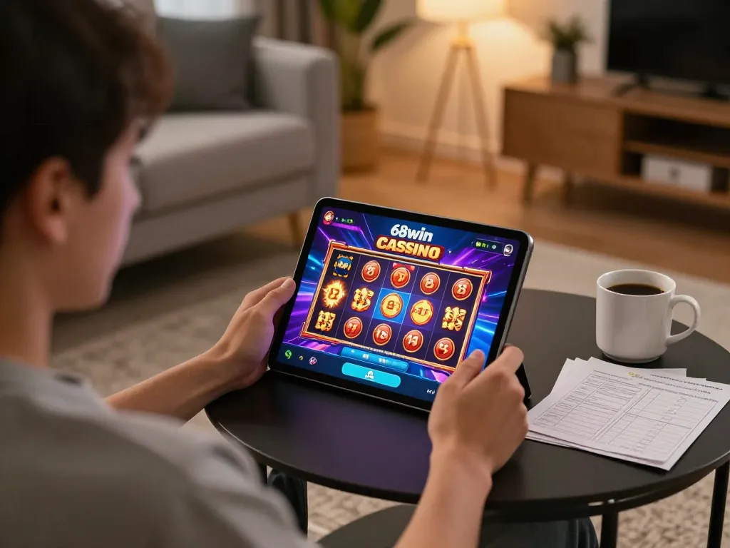 Engaging player enjoying 68win online casino on tablet, immersed in gameplay.