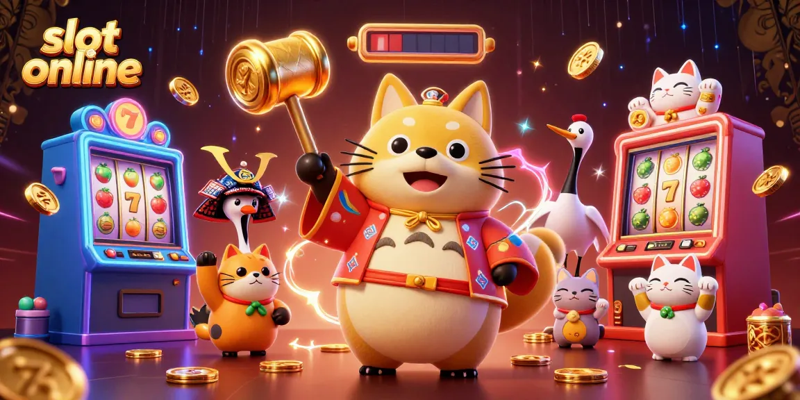 Slot online menampilkan tanuki gembira dan mesin slot penuh keberuntungan dalam suasana kasino