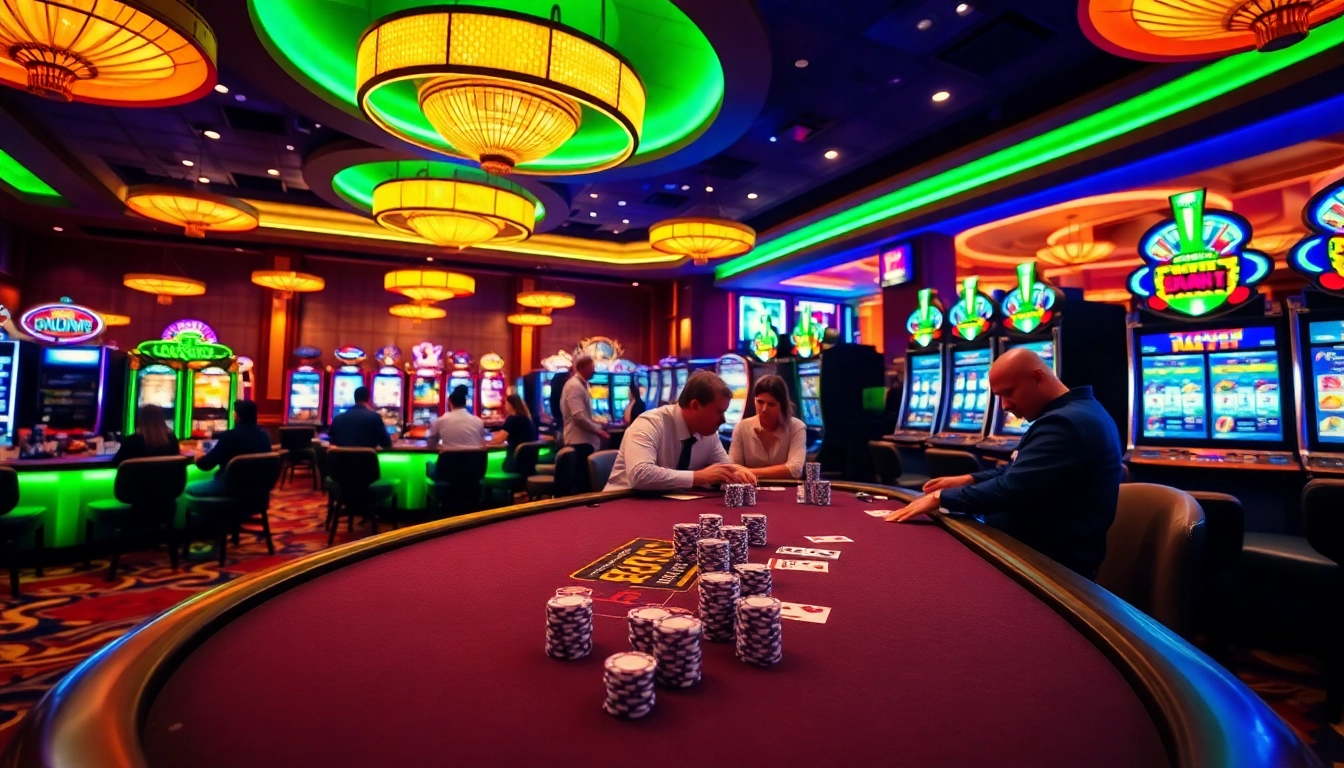 Menampilkan situs toto dengan pemain kasino yang berinteraksi di meja poker.