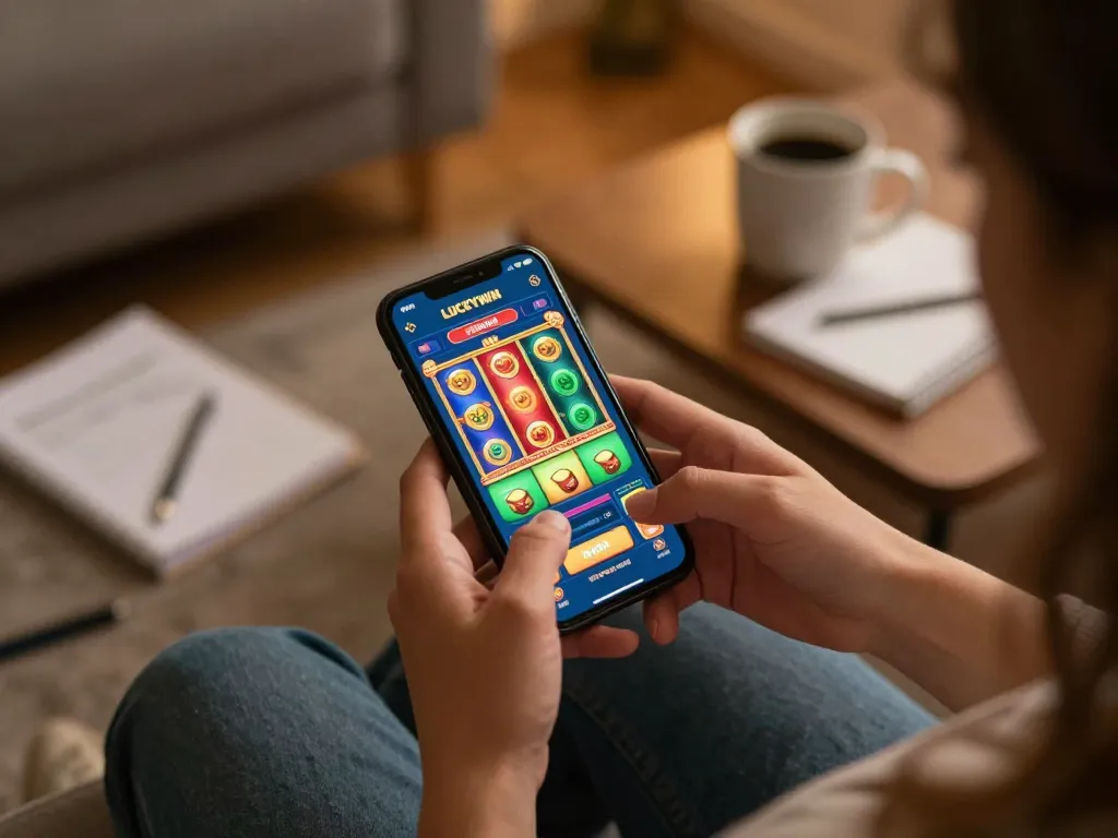 Engaging in the LUCKYWIN app for an exciting mobile casino experience, showcasing colorful game reels in action.