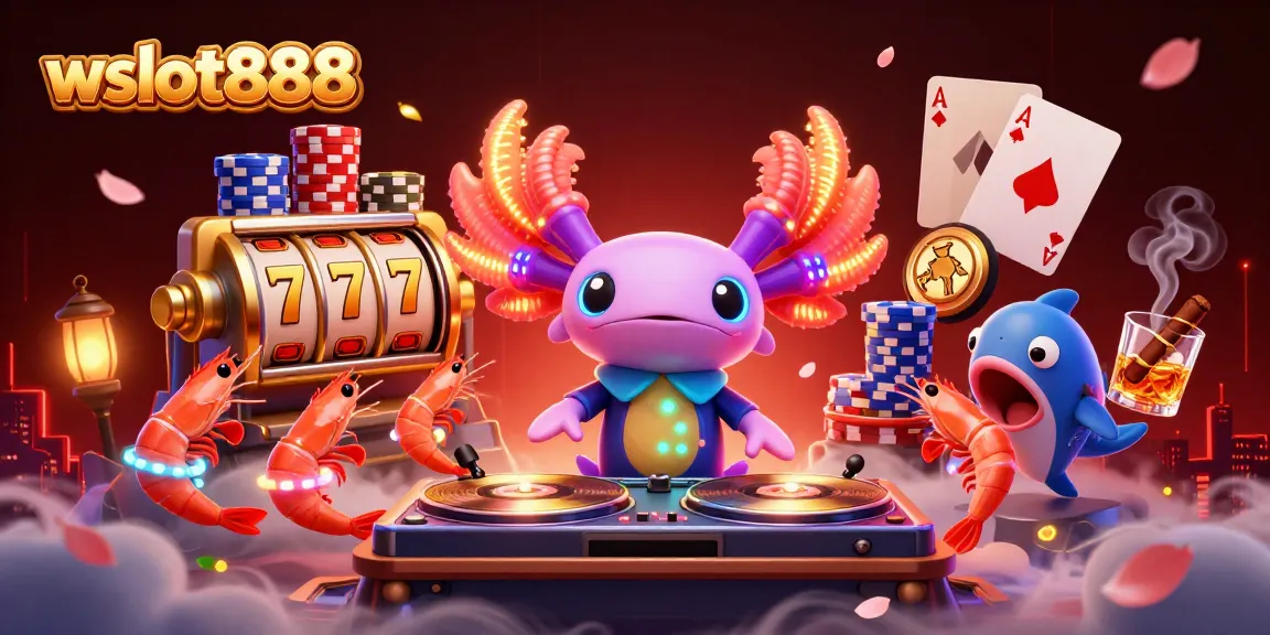 Permainan slot dengan wslot888, DJ axolotl neon di turntable dan udang berjoget.