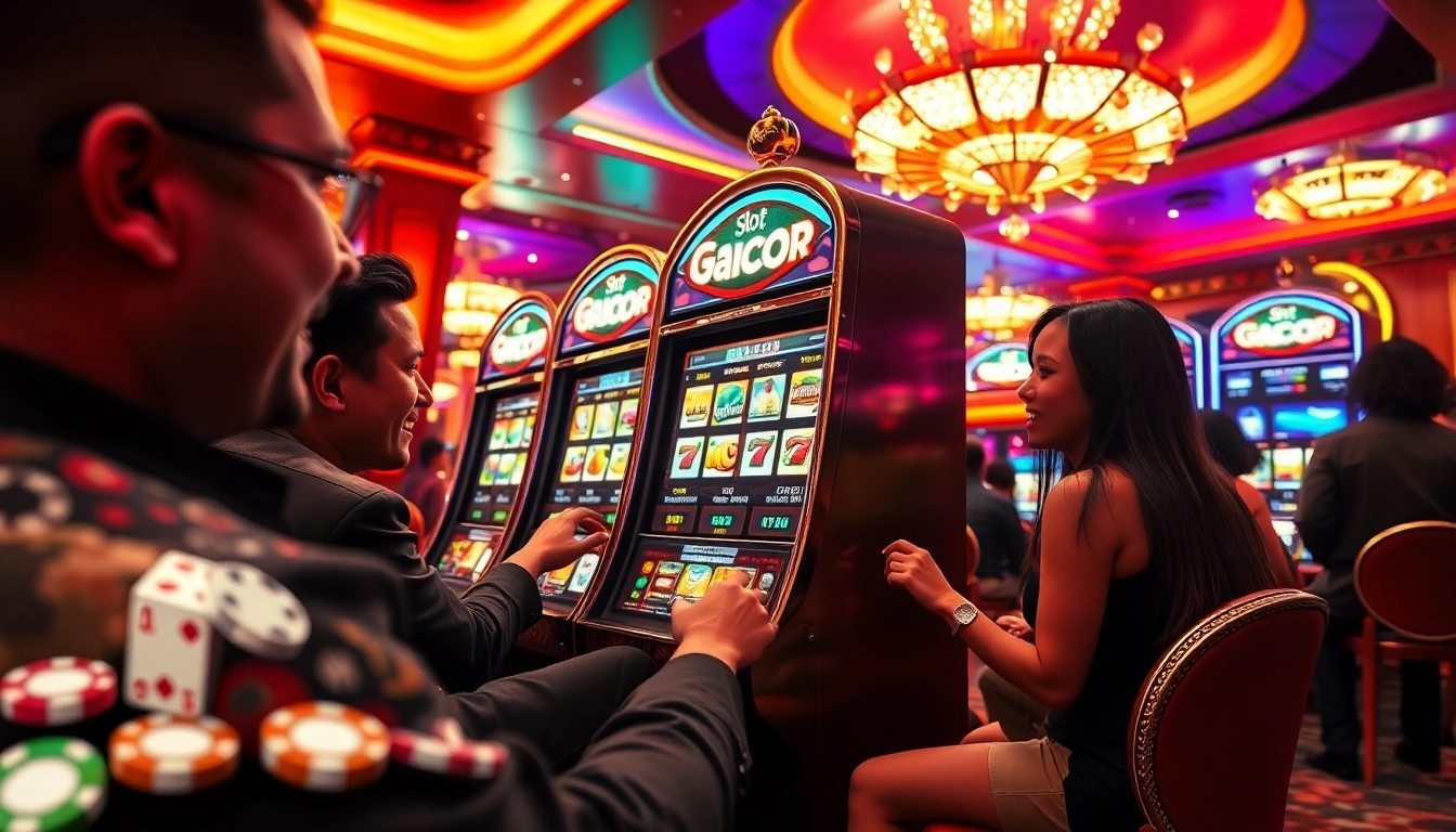 Players celebrating wins at a slot gacor machine in a vibrant casino atmosphere.