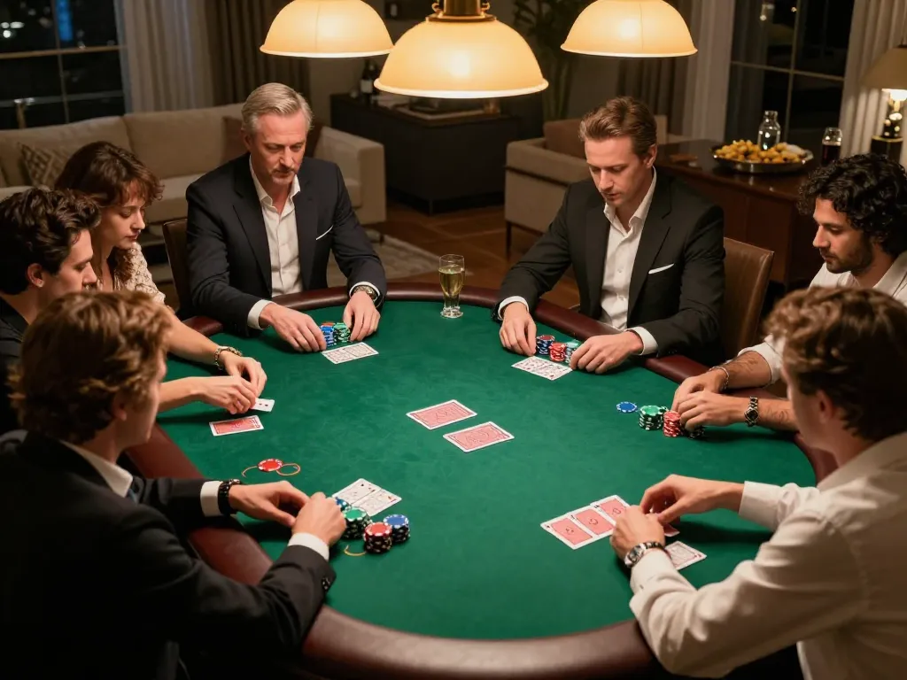 Phtayab players strategizing in a high-stakes home poker game, cards and chips visible.