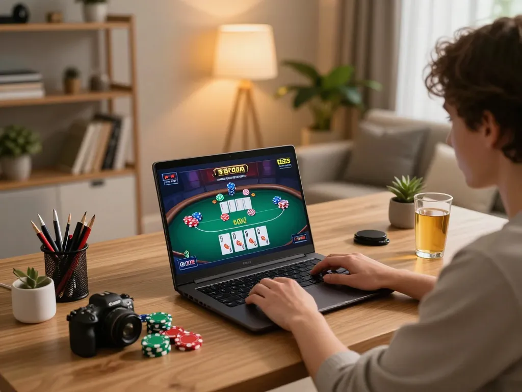 Engaging lifestyle shot of a player enjoying Bl555 poker online, showing chips and cards.