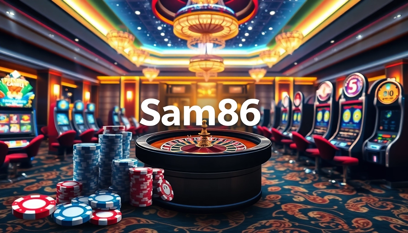 Experience thrilling online gaming at Sam86 with vibrant casino visuals and interactive gaming elements.