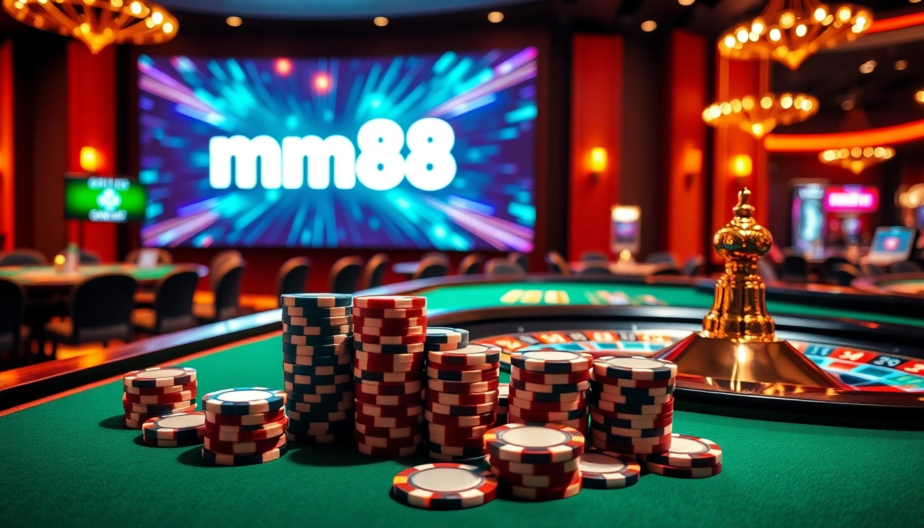 Engage with exhilarating casino action at link mm88, featuring vibrant poker chips and a roulette wheel.