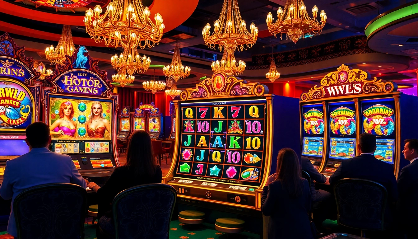 Players enjoying exciting slot online experiences at vibrant casino machines filled with jewels.