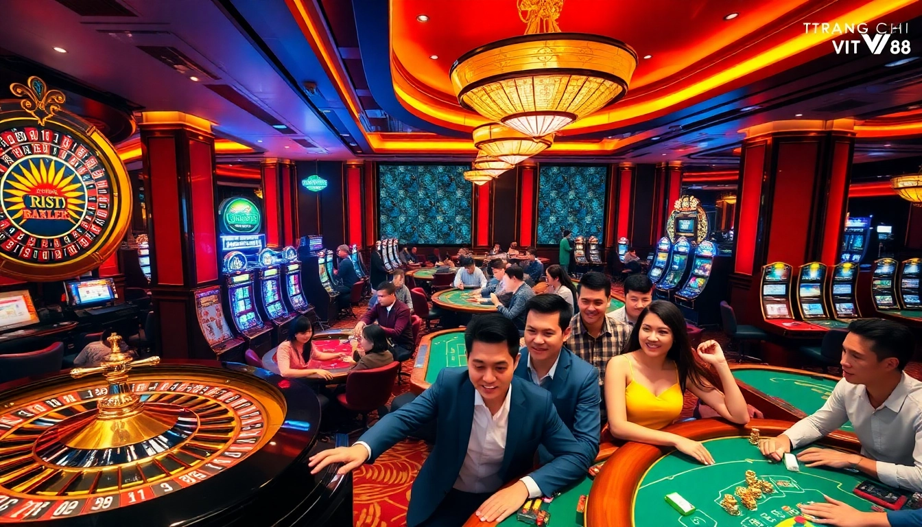 Experience the luxury of gambling at TRANG CHỦ VT88 with players enjoying roulette and poker in a vibrant casino atmosphere.