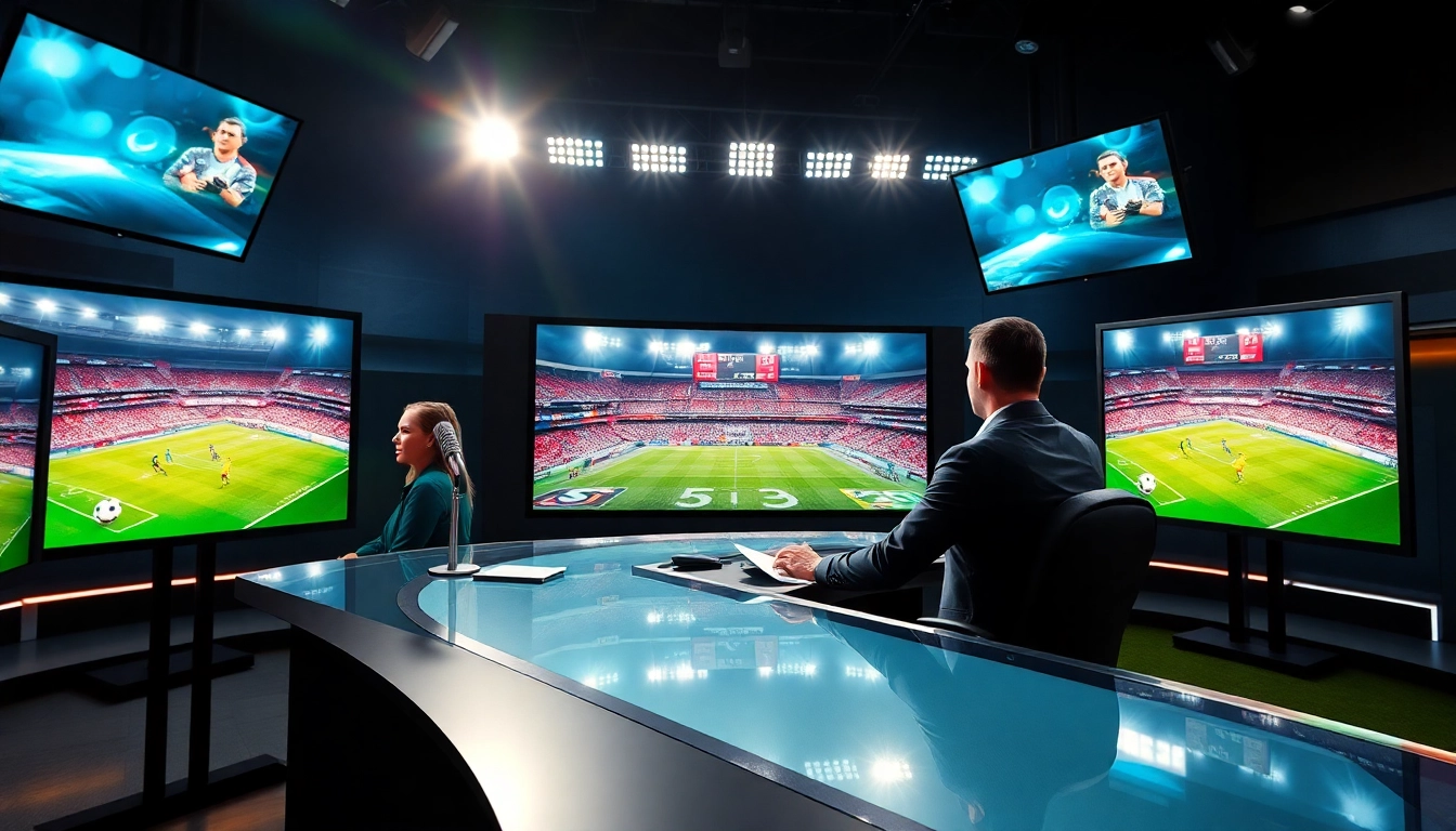 Captivating sports broadcasting scene showcasing an energetic anchor interacting with live feeds.