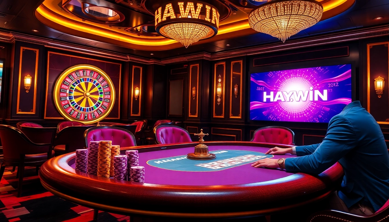 Players strategize at the poker table in a luxurious casino featuring HAY.WIN branding.