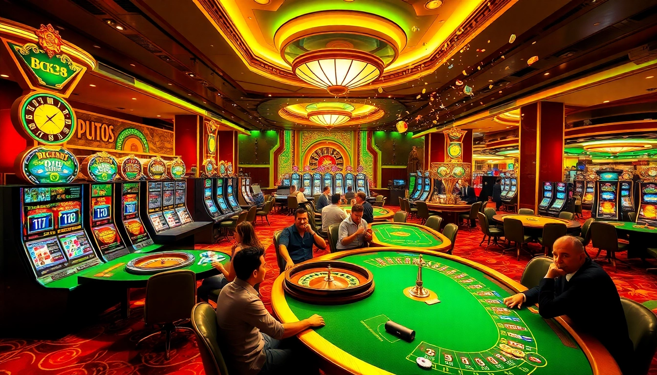 Experience thrilling gameplay with เครดิตฟรี bk8 at a luxurious casino setting filled with vibrant slot machines and poker tables.