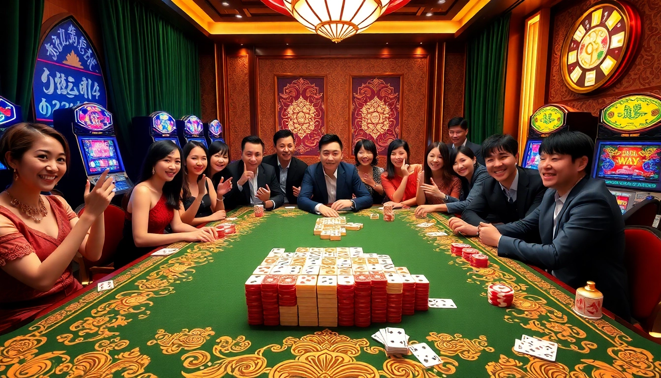 Engaging players enjoying Mahjong Ways 2 at a luxurious casino table with vibrant poker chips.