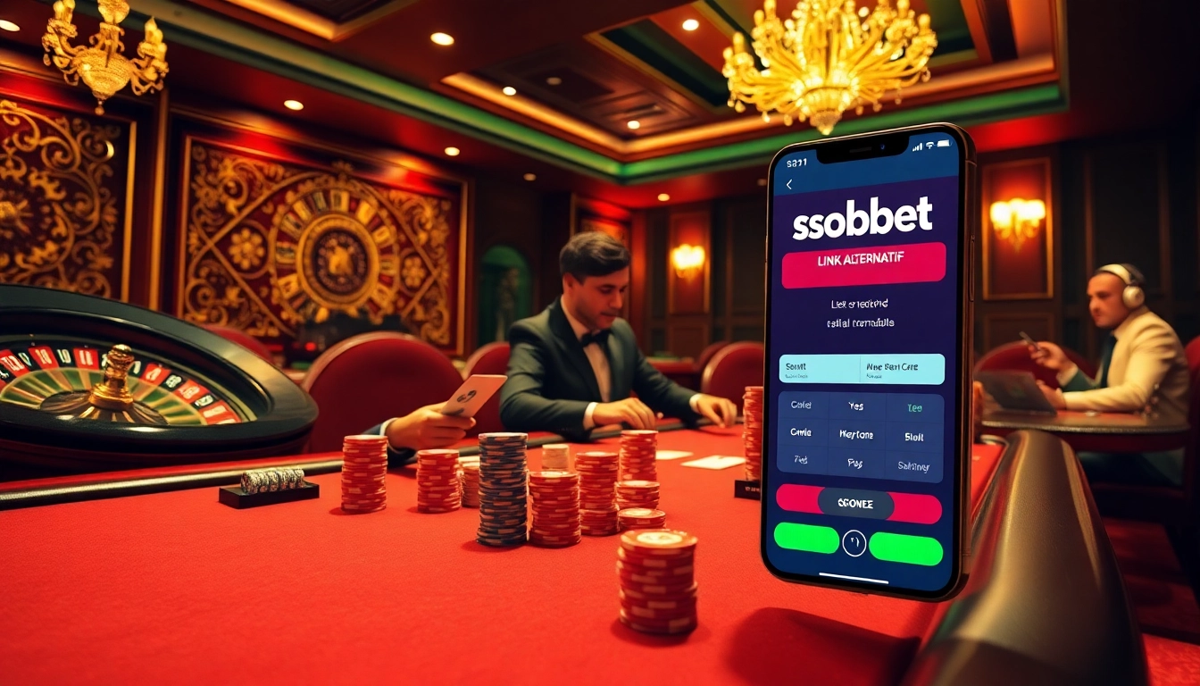 Engage with sbobet link alternatif at a luxurious casino poker table, featuring intense players and vibrant ambiance.
