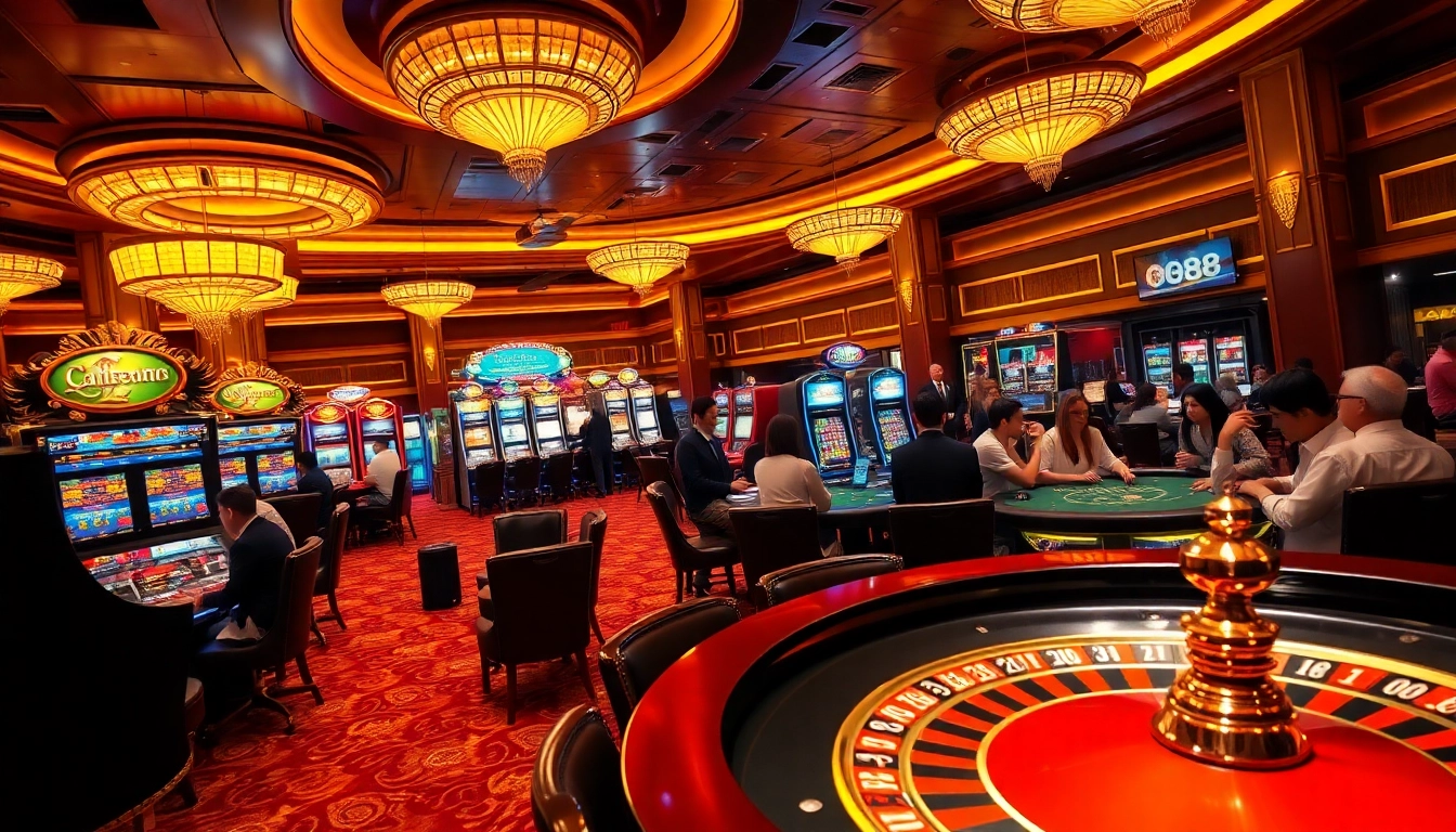 Players enjoying games at a luxurious casino scene featuring dn 888-themed slot machines and roulette.