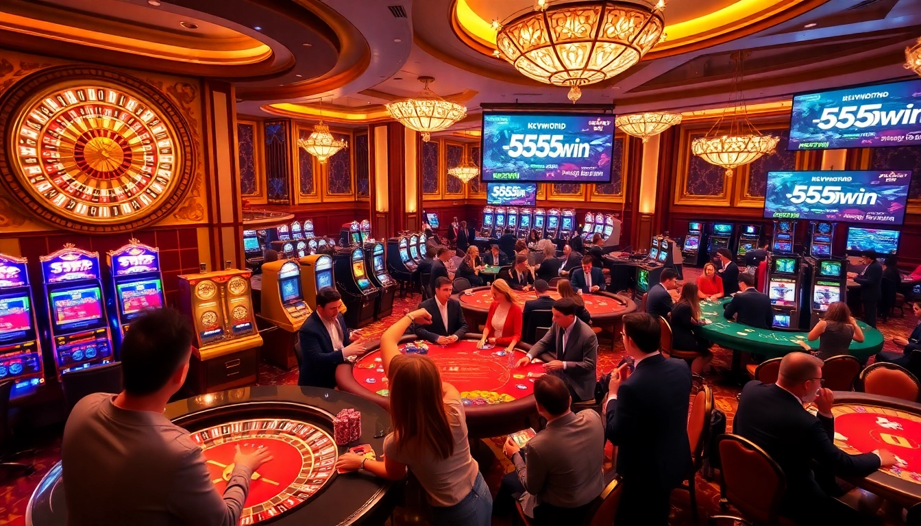 Experience thrilling gaming at 555win with lush casino tables and vibrant slot machines.