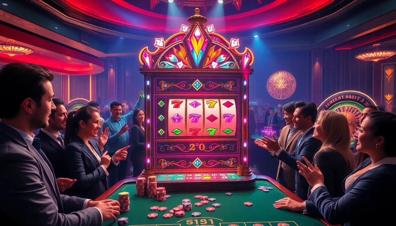 Players engage with an exciting idn slot game in a luxurious casino atmosphere.