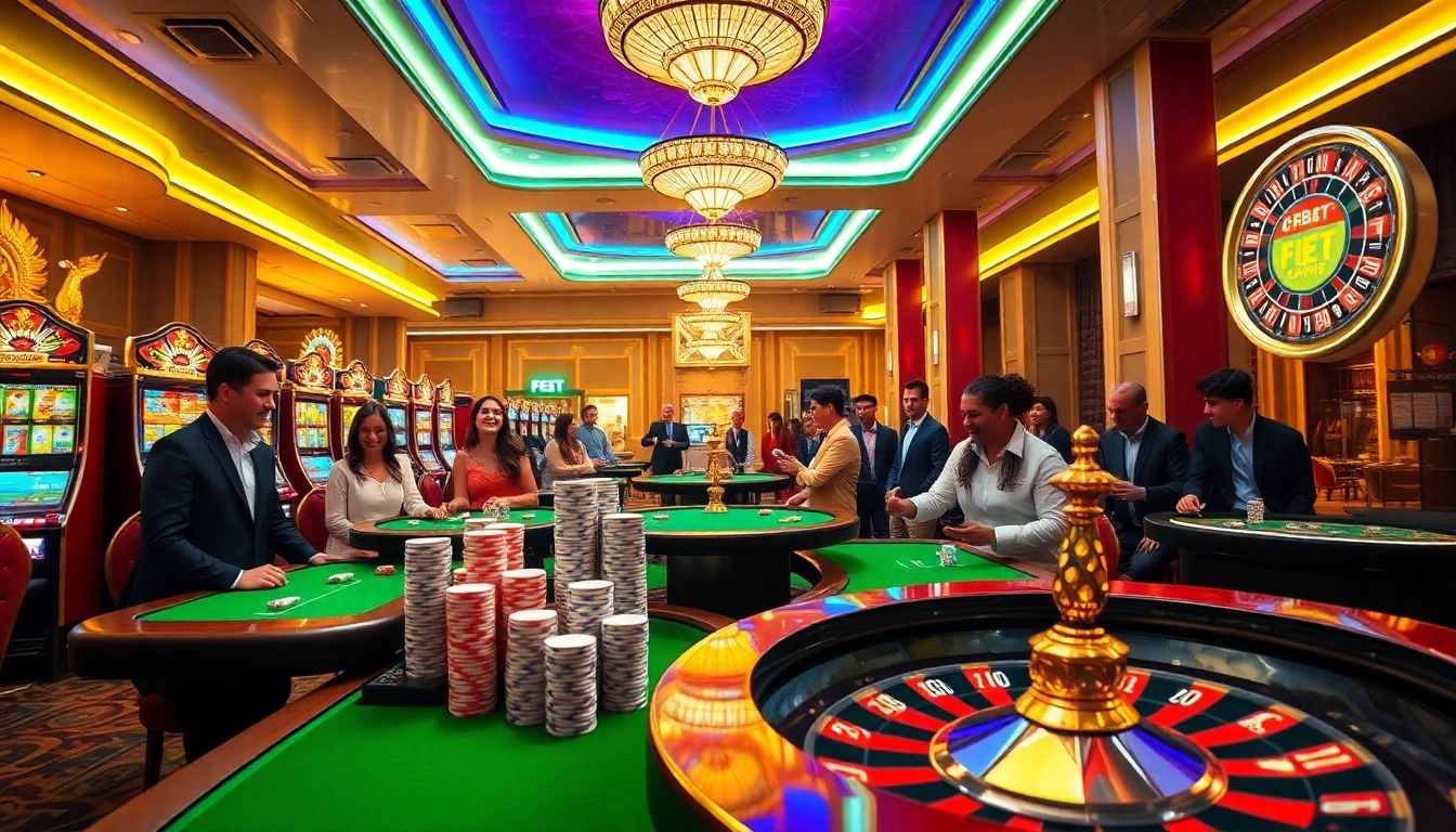 F8BET casino gaming excitement with poker chips, slot machines, and roulette wheel in a luxurious setting