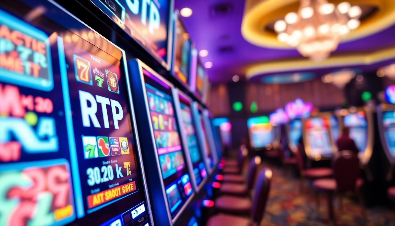 Engaging scene of an RTP slot machine, showcasing vibrant lights and a dynamic gaming atmosphere.