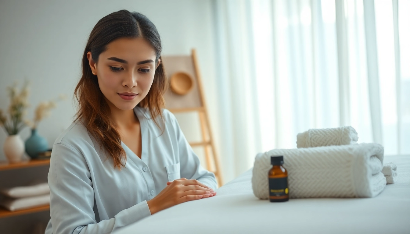 Relaxing scene of a female therapist preparing for 평택출장마사지 at home, highlighting professionalism and comfort.