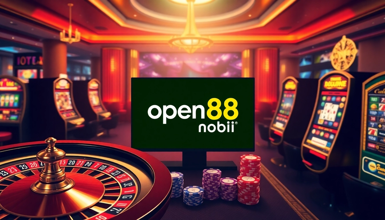An exciting scene of players enjoying games on open88 mobi, featuring roulette wheels and poker chips.