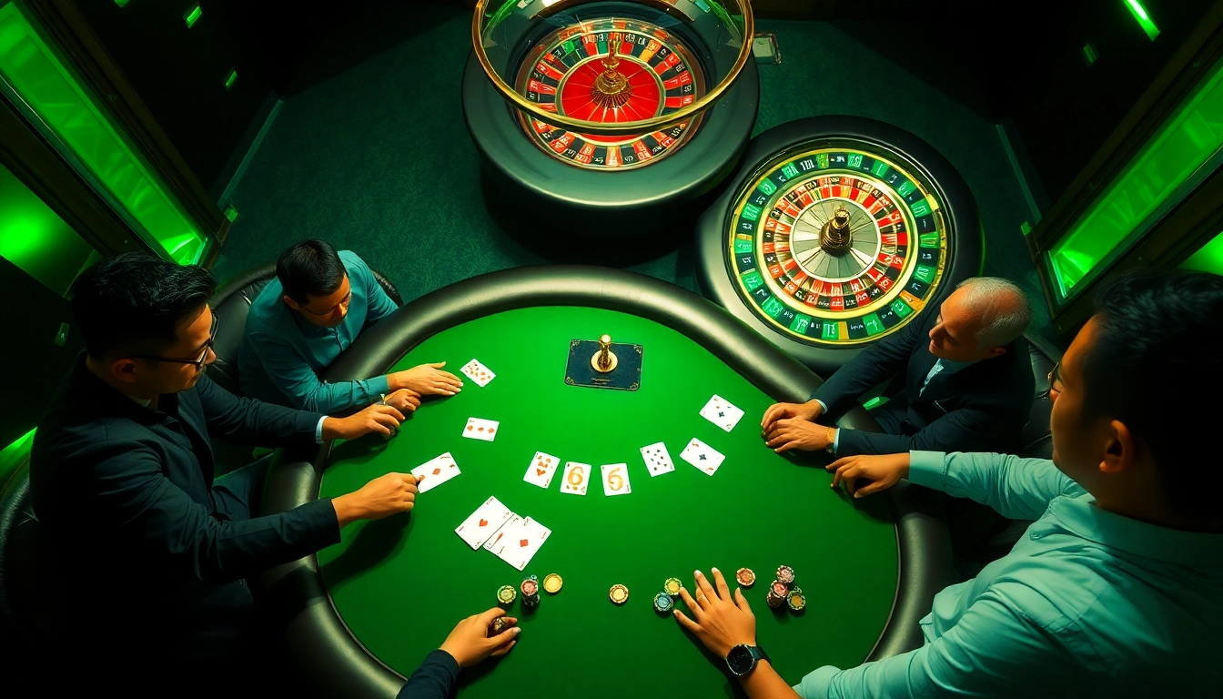 Players enjoying an intense game of PG88 Poker at a luxurious casino table.