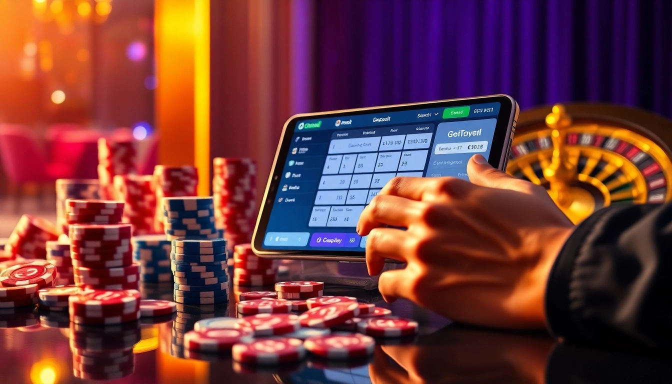GOPAYTOGEL secure deposit and betting interface showcasing fast digital transaction with poker chips and roulette wheel