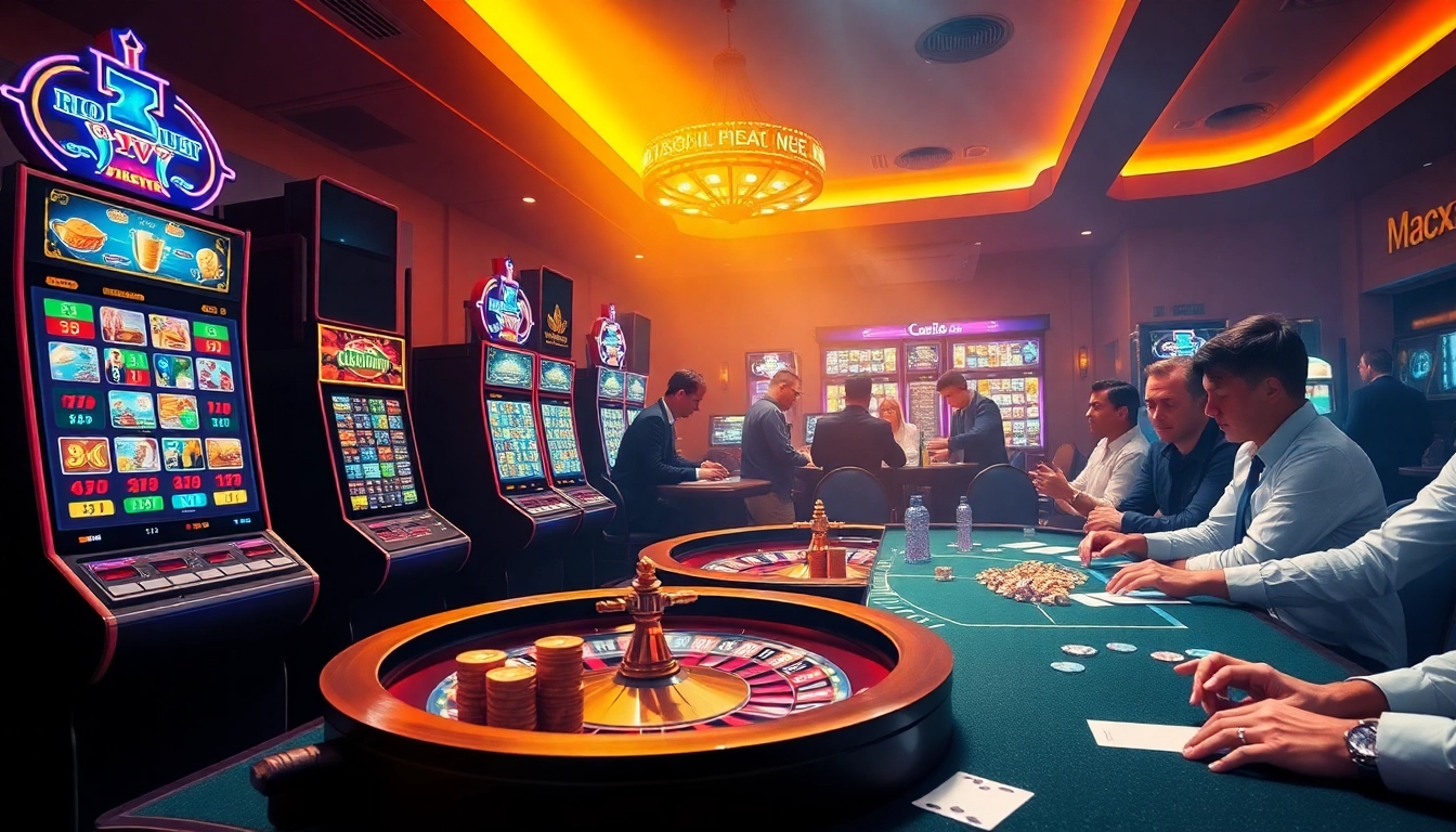 Vibrant casino gaming scene featuring slot machines and poker tables at https://xx88.contractors/.