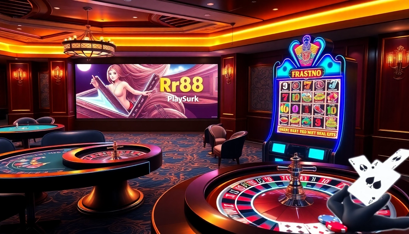 Engaging gaming scene at nhà cái rr88 with casino tables, poker chips, and vibrant slot machines.