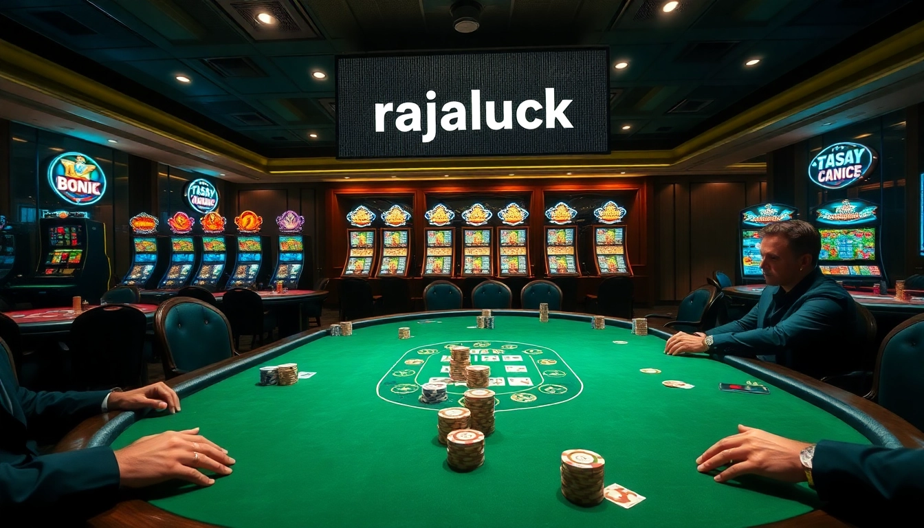 Players engaging in high-stakes poker at rajaluck casino, showcasing a vibrant gambling atmosphere.