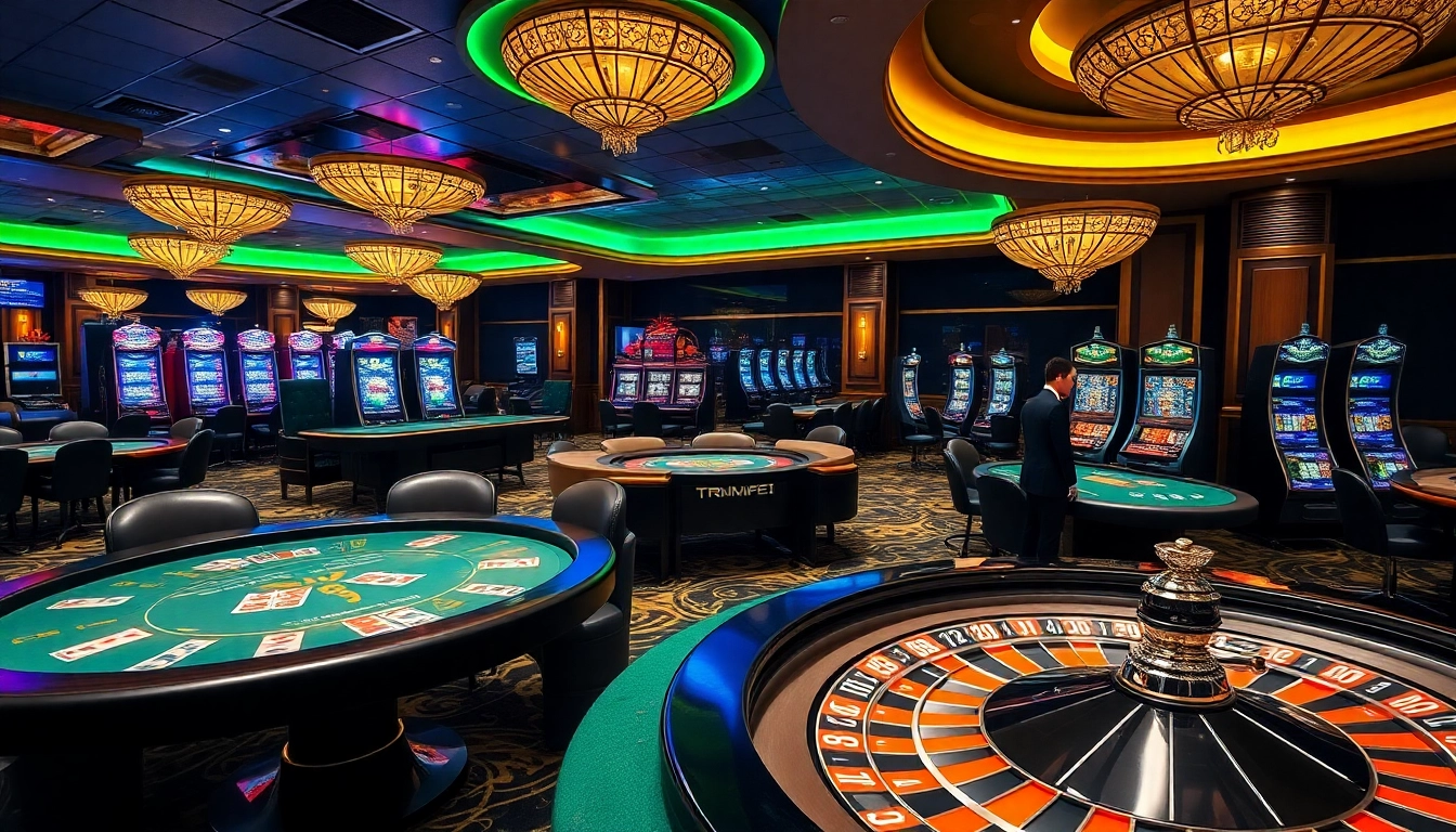 Dynamic casino atmosphere with tr88 slot machines and poker gameplay in action.