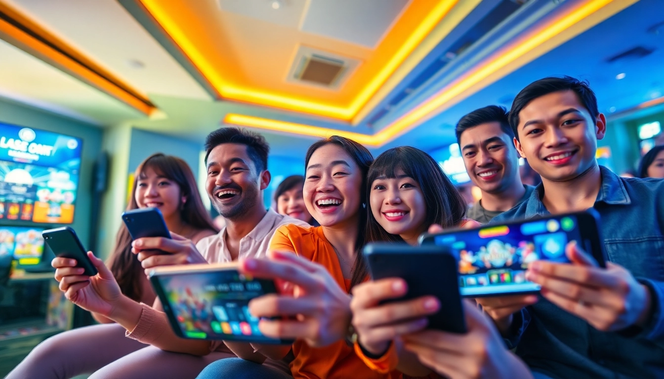Tải GO88 - Players enjoying various games on their devices in a vibrant online gaming platform.