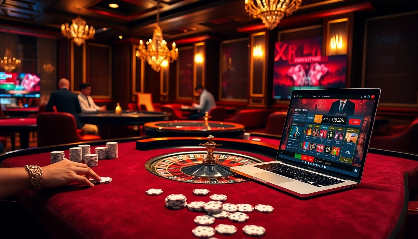 Exciting view of online gambling at RR88 with roulette and poker action in a luxurious casino setting.