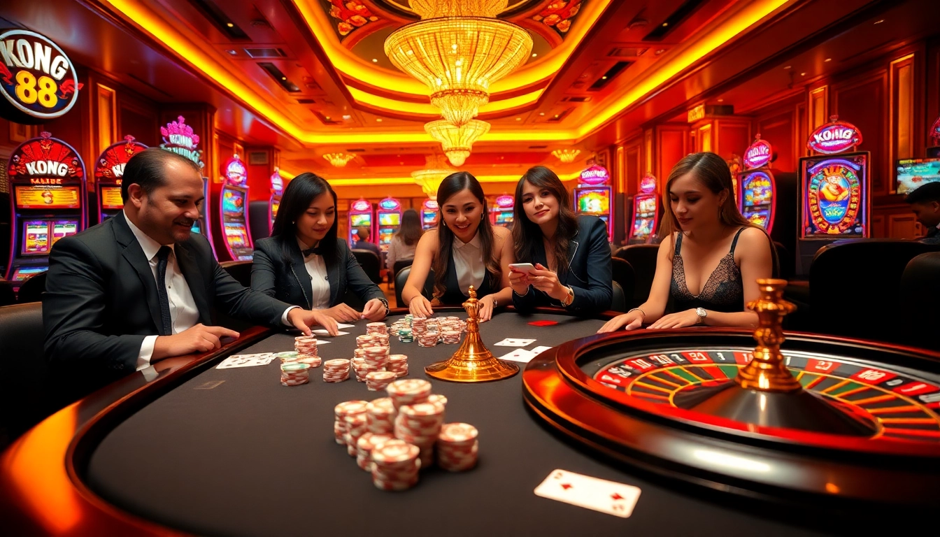 KONG 88 exciting casino scene featuring poker chips, roulette wheel, and vibrant slot machines