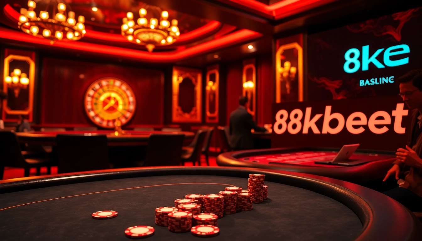 Casino players enjoying a thrilling poker game at 8kbet with vibrant chips and roulette wheel.