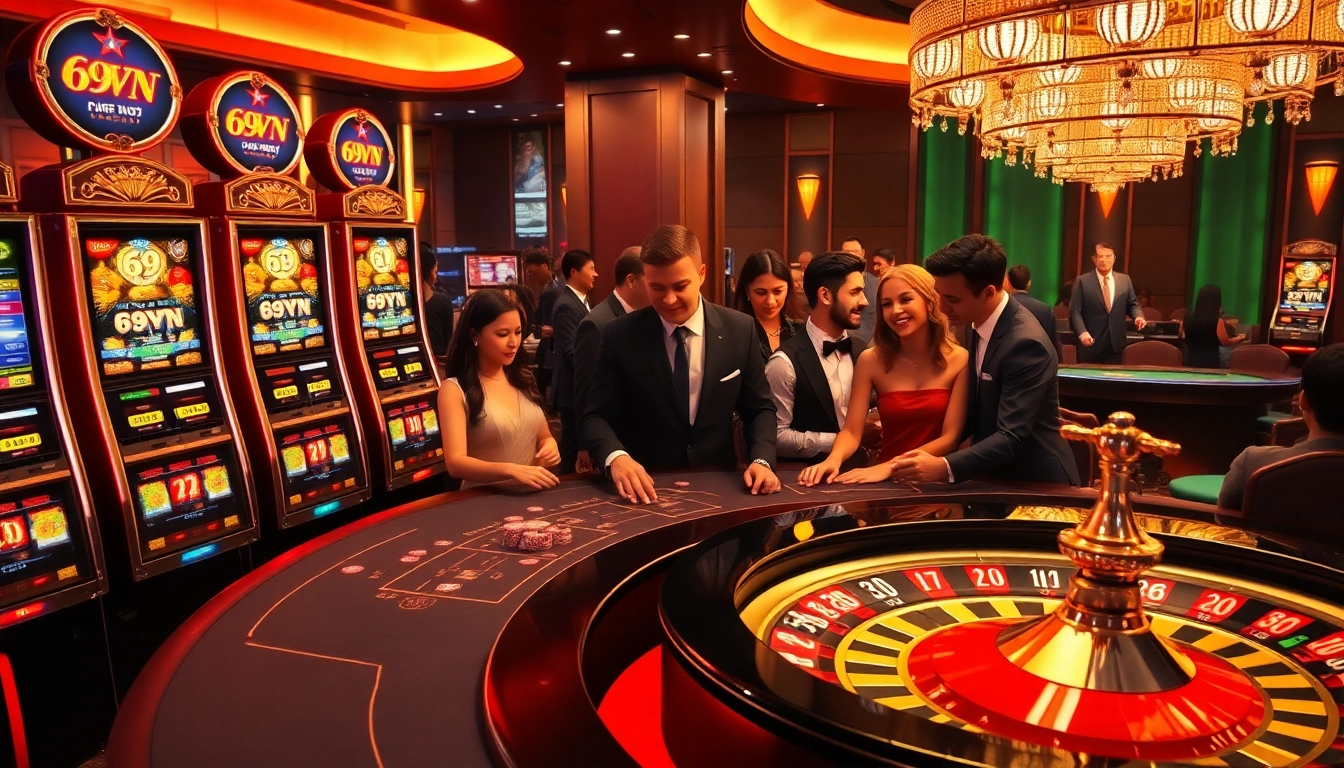 Experience thrilling gameplay at 69VN's luxurious casino, showcasing vibrant slot machines and poker tables.